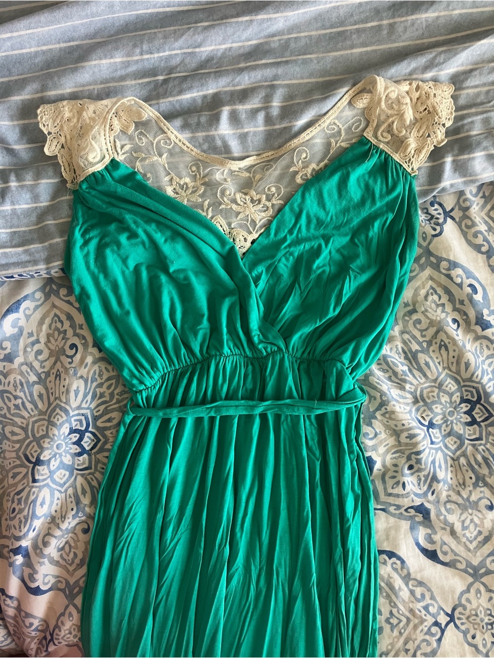 Pinkblush Green Maxi Dress with Cream Lace Yoke